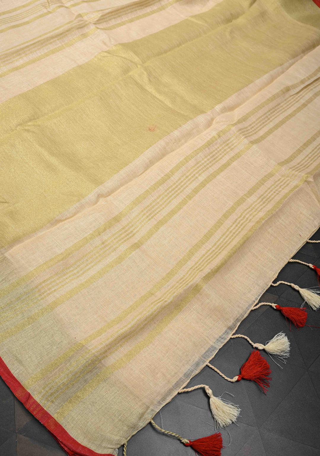 Cream Linen by Linen Saree with Zari Border and Contrast Blouse Piece