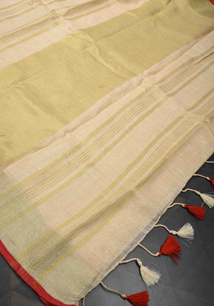 Cream Linen by Linen Saree with Zari Border and Contrast Blouse Piece