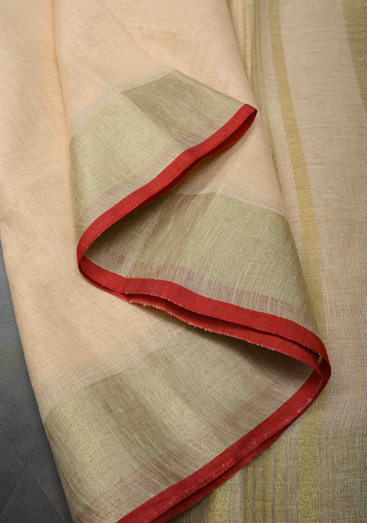 Cream Linen by Linen Saree with Zari Border and Contrast Blouse Piece