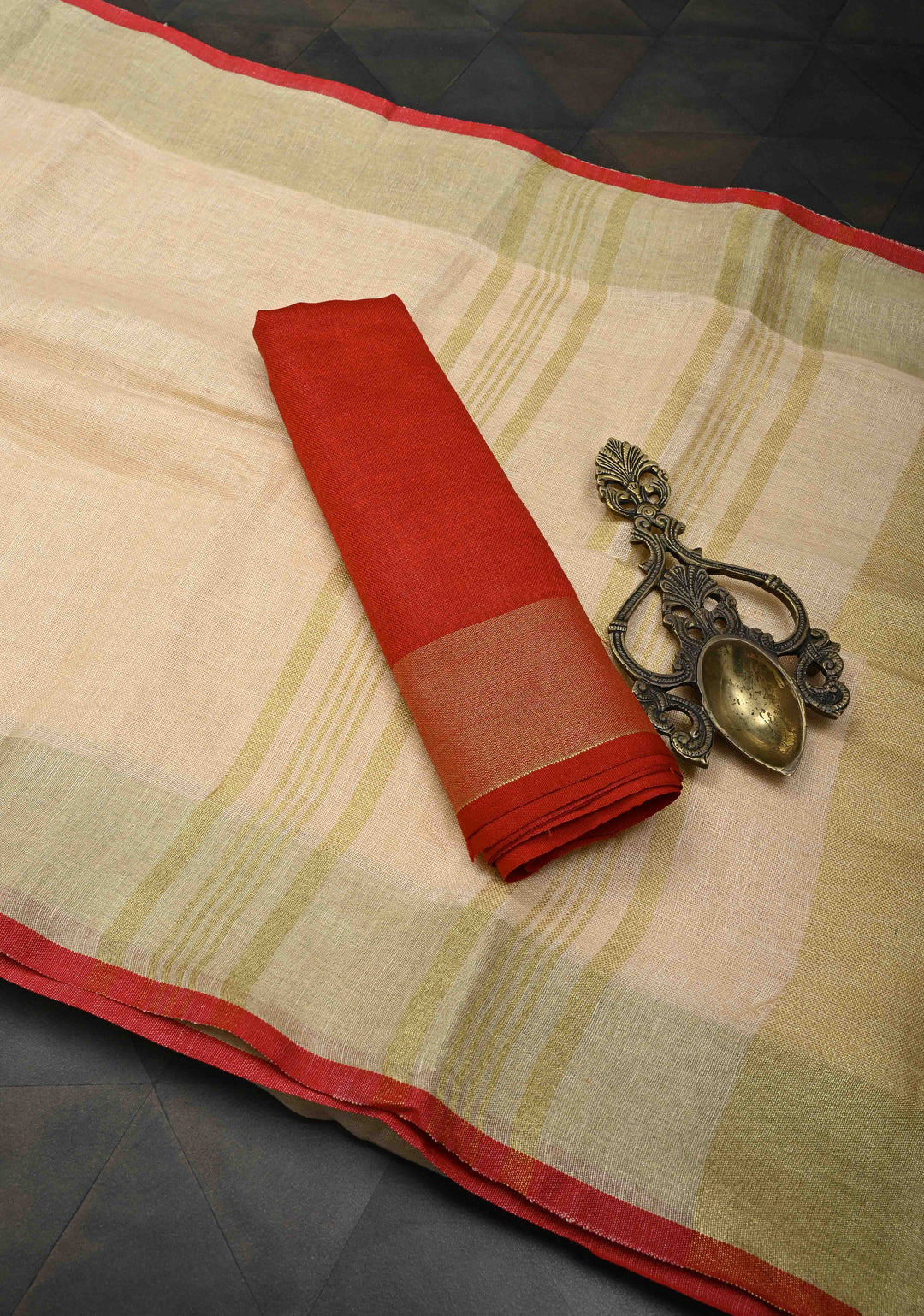 Cream Linen by Linen Saree with Zari Border and Contrast Blouse Piece