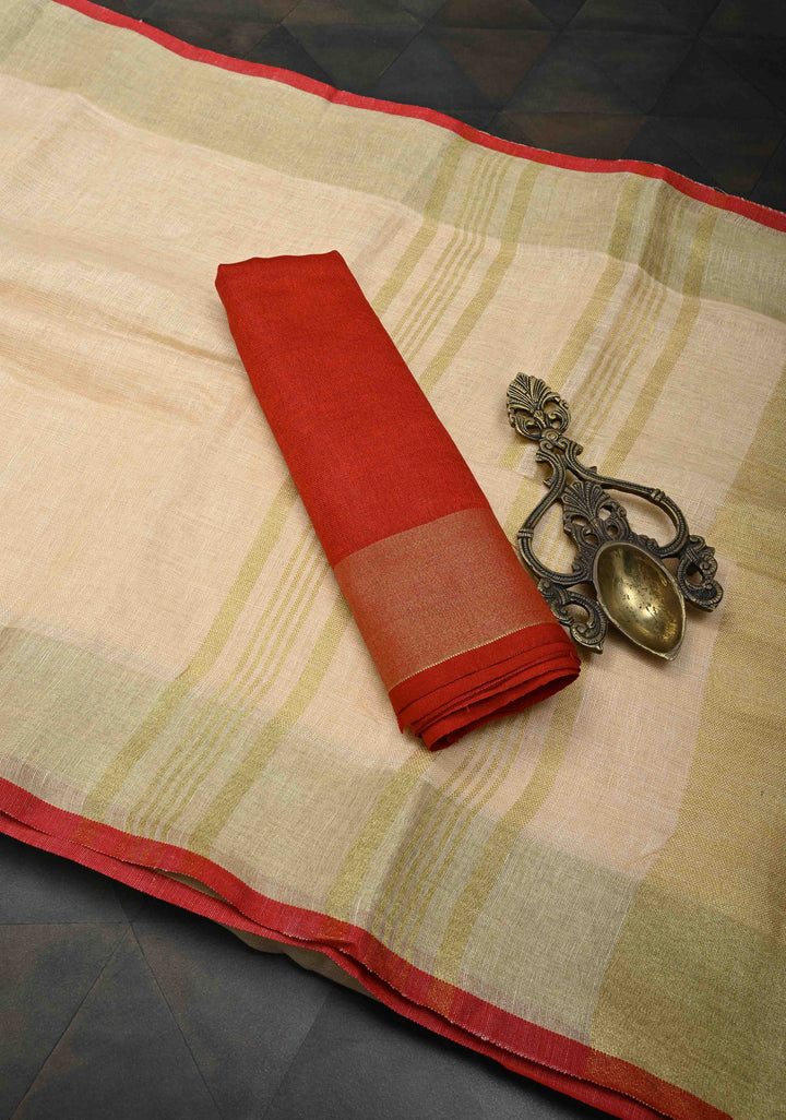 Cream Linen by Linen Saree with Zari Border and Contrast Blouse Piece