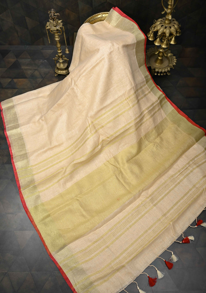 Cream Linen by Linen Saree with Zari Border and Contrast Blouse Piece