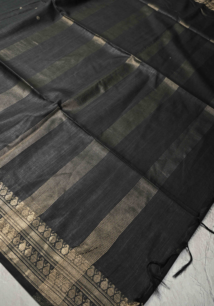 Black Semi Tussar Tissue Silk Saree with Polka Zari Buttis and Zari Border