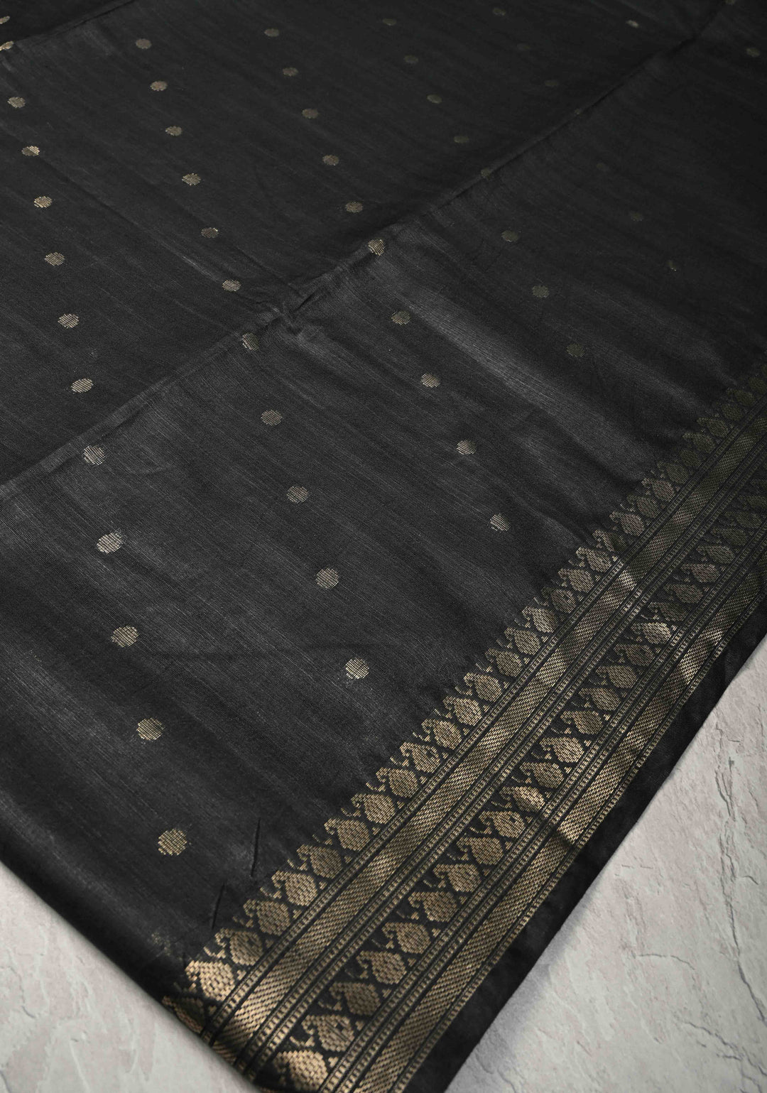Black Semi Tussar Tissue Silk Saree with Polka Zari Buttis and Zari Border