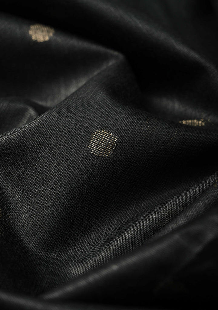 Black Semi Tussar Tissue Silk Saree with Polka Zari Buttis and Zari Border