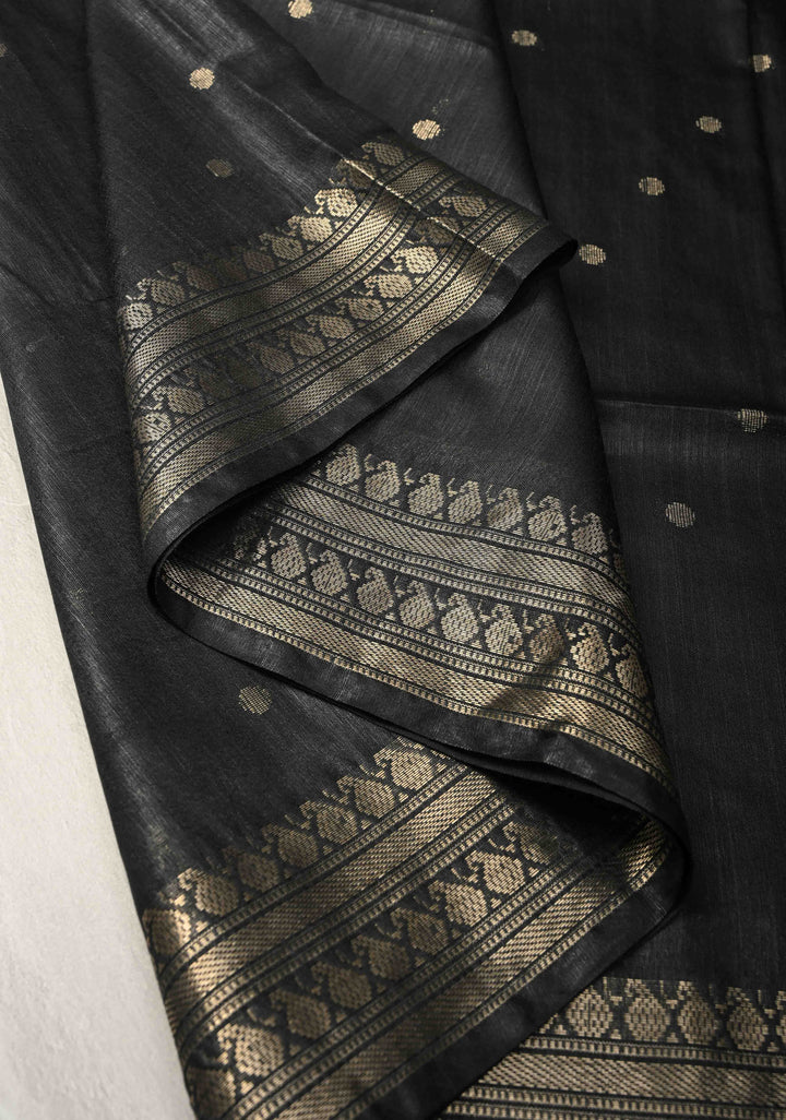 Black Semi Tussar Tissue Silk Saree with Polka Zari Buttis and Zari Border
