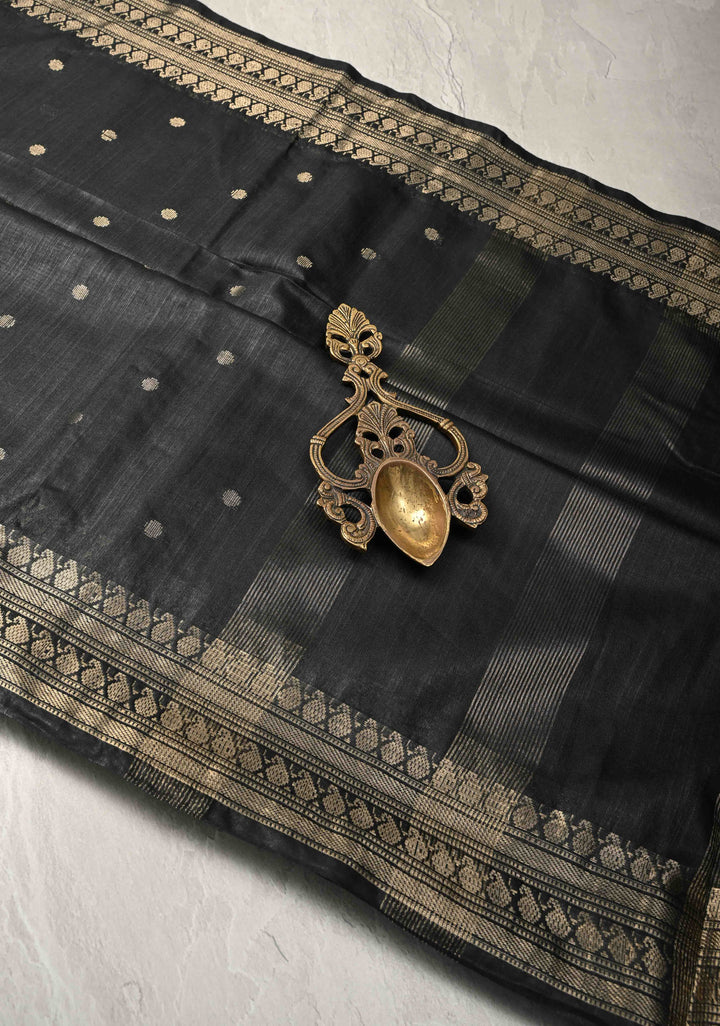 Black Semi Tussar Tissue Silk Saree with Polka Zari Buttis and Zari Border