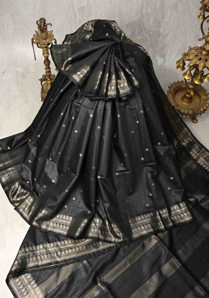 Black Semi Tussar Tissue Silk Saree with Polka Zari Buttis and Zari Border