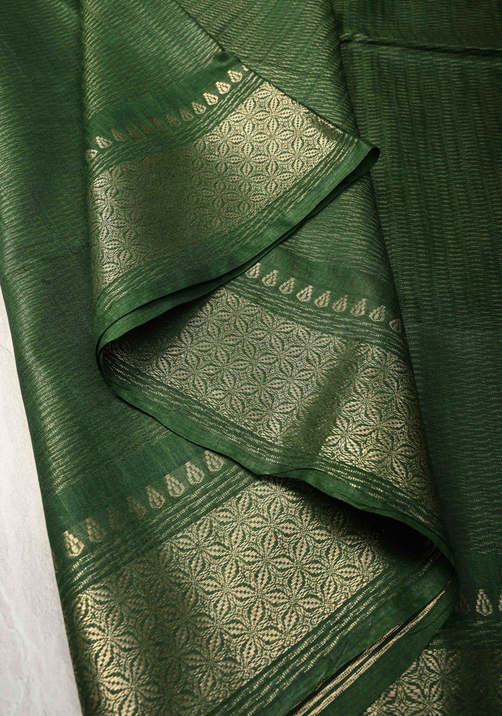 Forest Green Semi Tussar Tissue Silk Saree with Zari Border