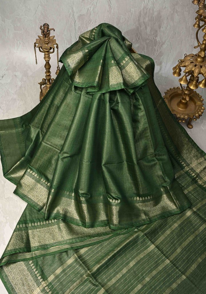 Forest Green Semi Tussar Tissue Silk Saree with Zari Border