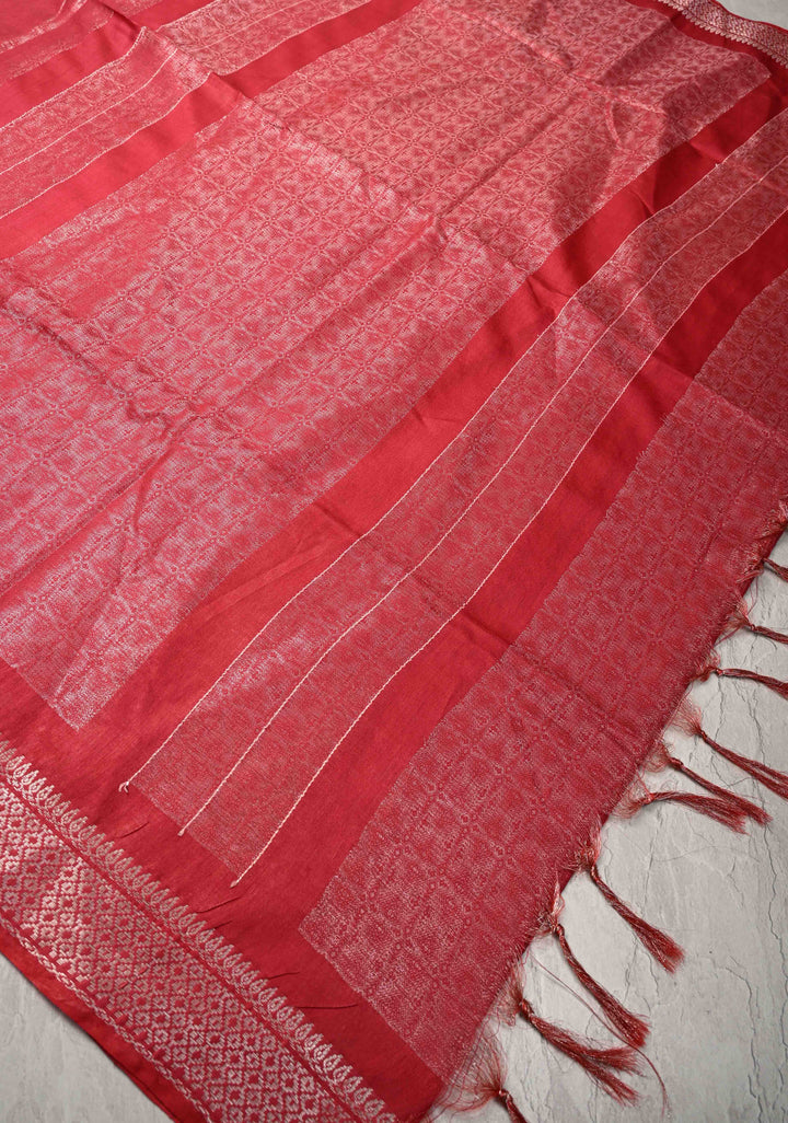 Watermelon Pink Semi Tussar Tissue Silk Saree with Zari Border