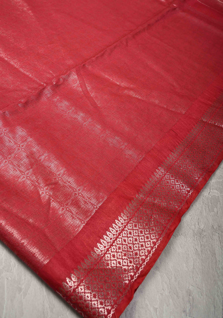 Watermelon Pink Semi Tussar Tissue Silk Saree with Zari Border