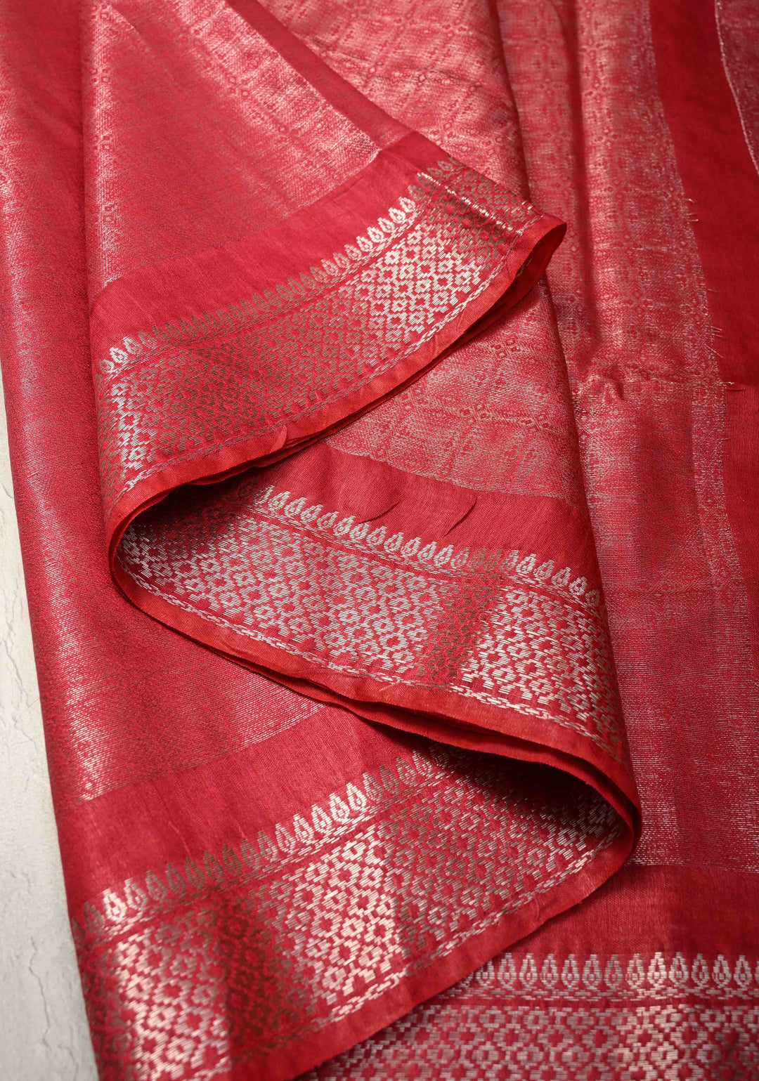 Watermelon Pink Semi Tussar Tissue Silk Saree with Zari Border