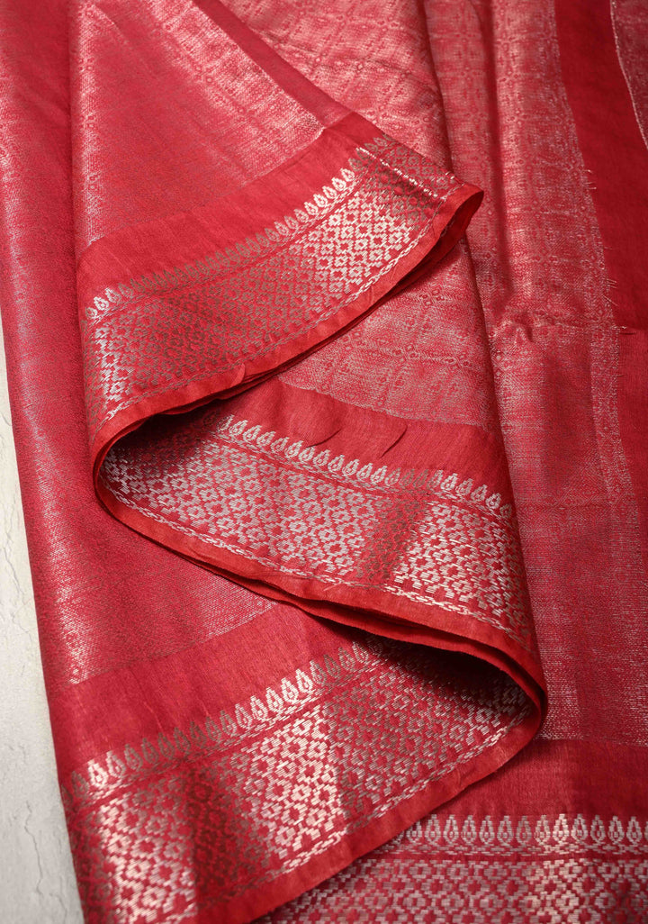 Watermelon Pink Semi Tussar Tissue Silk Saree with Zari Border