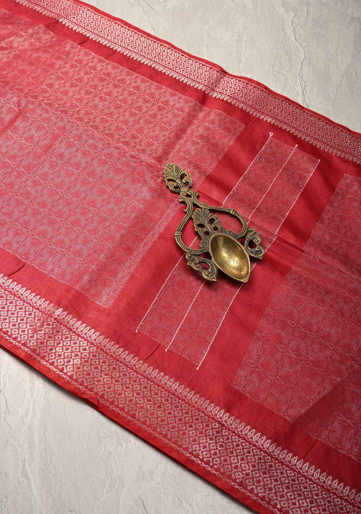 Watermelon Pink Semi Tussar Tissue Silk Saree with Zari Border