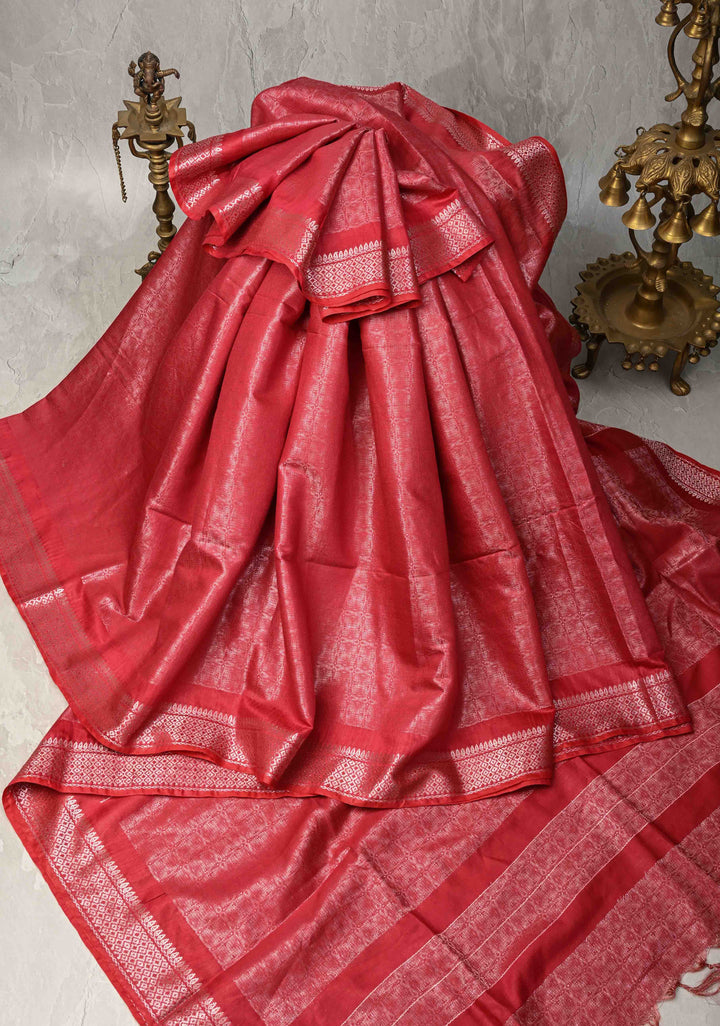 Watermelon Pink Semi Tussar Tissue Silk Saree with Zari Border