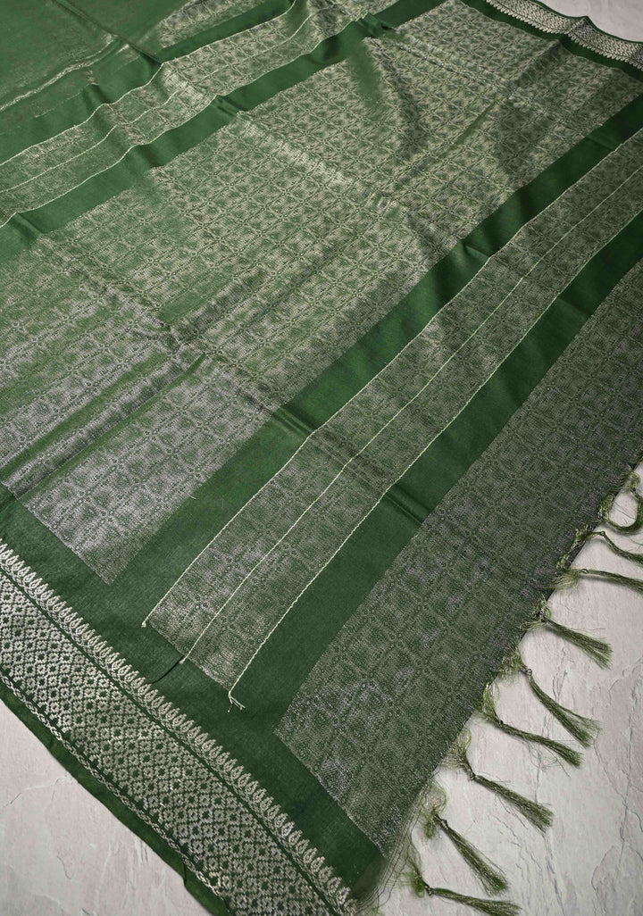 Dark Green Semi Tussar Tissue Silk Saree with Zari Border