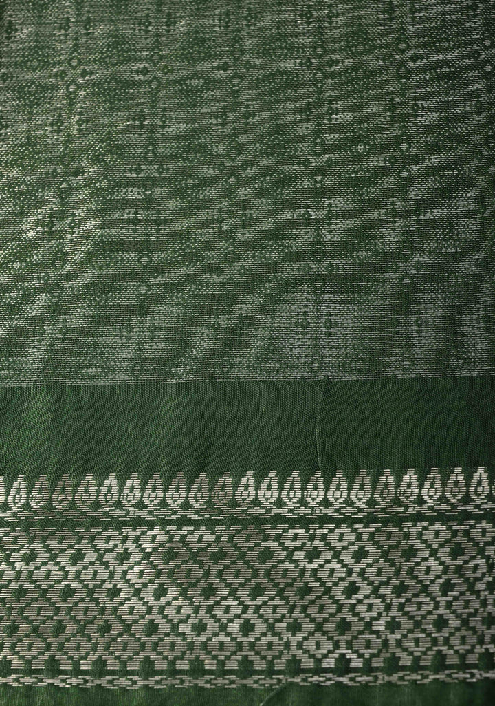Dark Green Semi Tussar Tissue Silk Saree with Zari Border