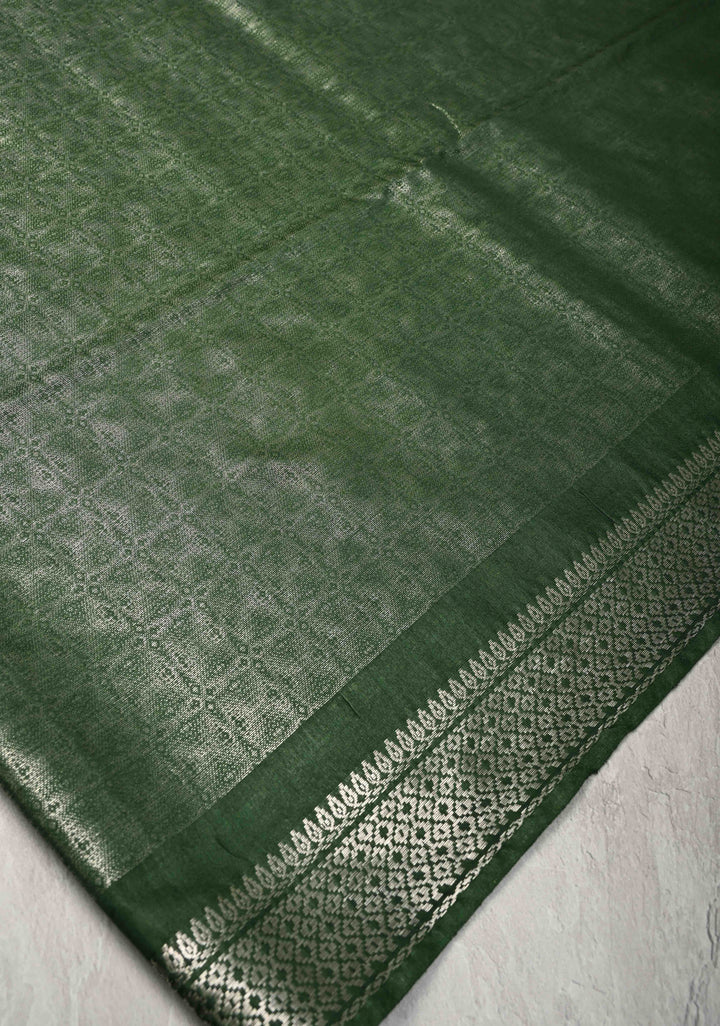 Dark Green Semi Tussar Tissue Silk Saree with Zari Border