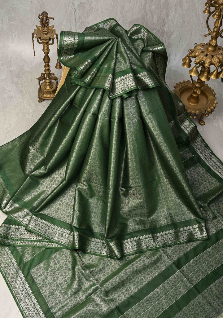 Dark Green Semi Tussar Tissue Silk Saree with Zari Border
