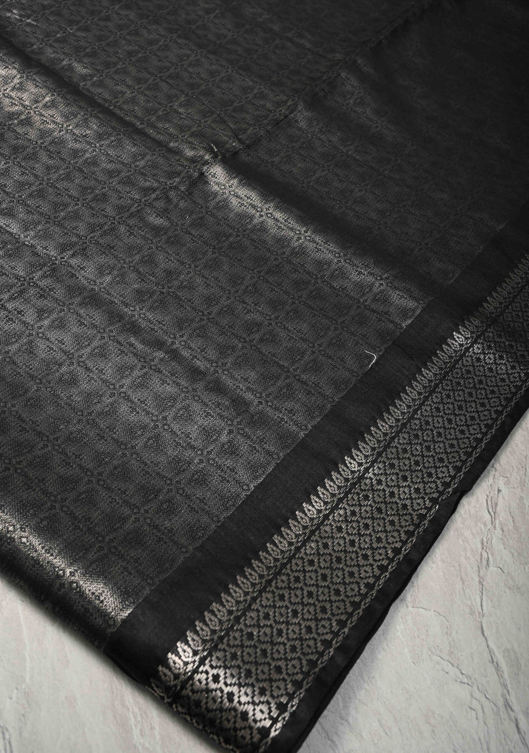 Black Semi Tussar Silver Tissue Silk Saree with Zari Border