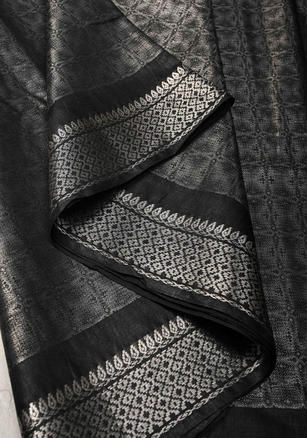 Black Semi Tussar Silver Tissue Silk Saree with Zari Border