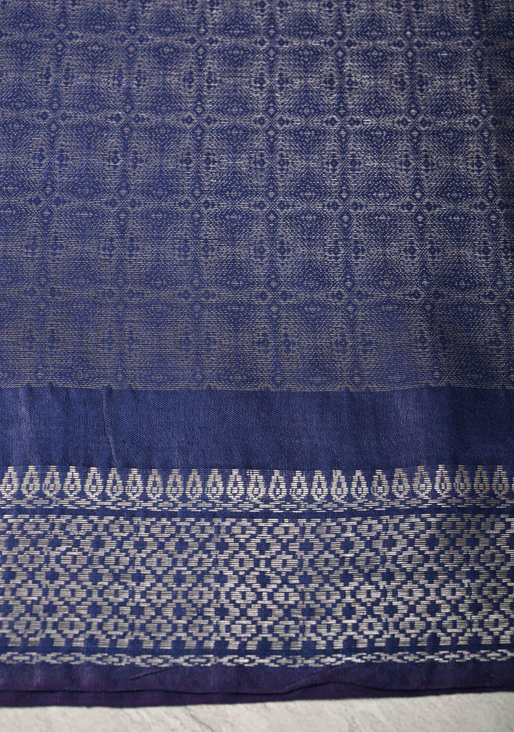 Navy Blue Semi Tussar Silver Tissue Silk Saree with Zari Border