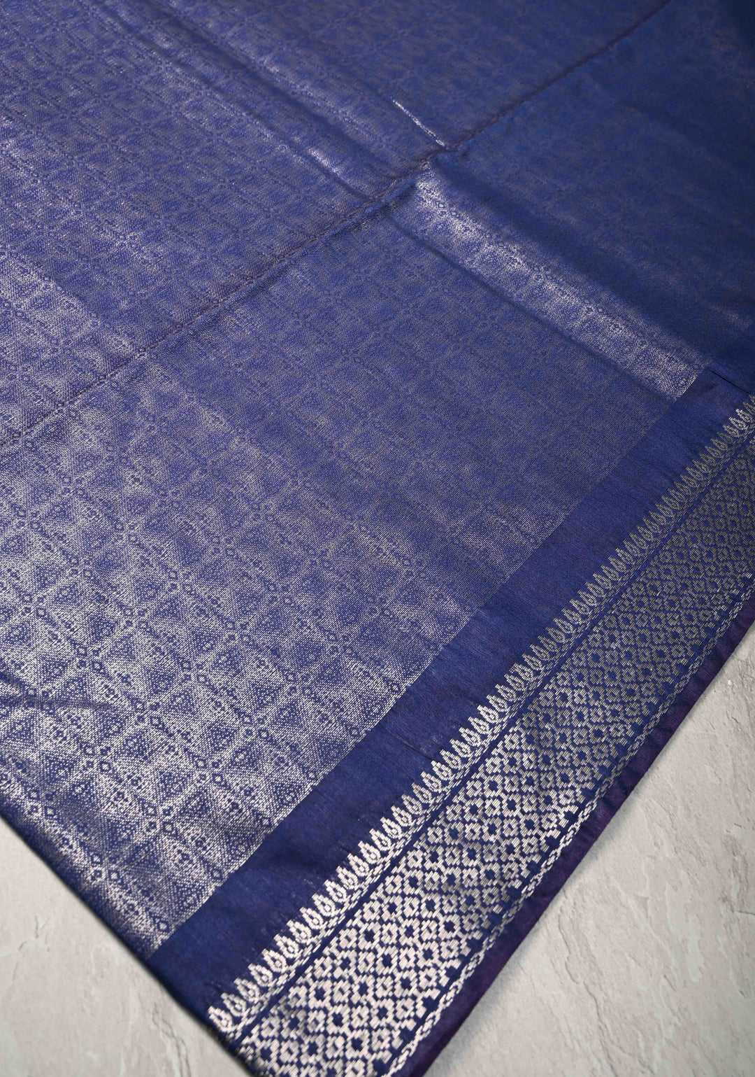 Navy Blue Semi Tussar Silver Tissue Silk Saree with Zari Border