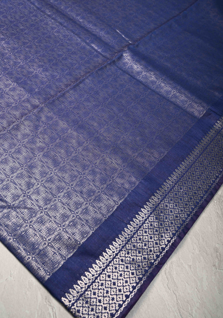 Navy Blue Semi Tussar Silver Tissue Silk Saree with Zari Border