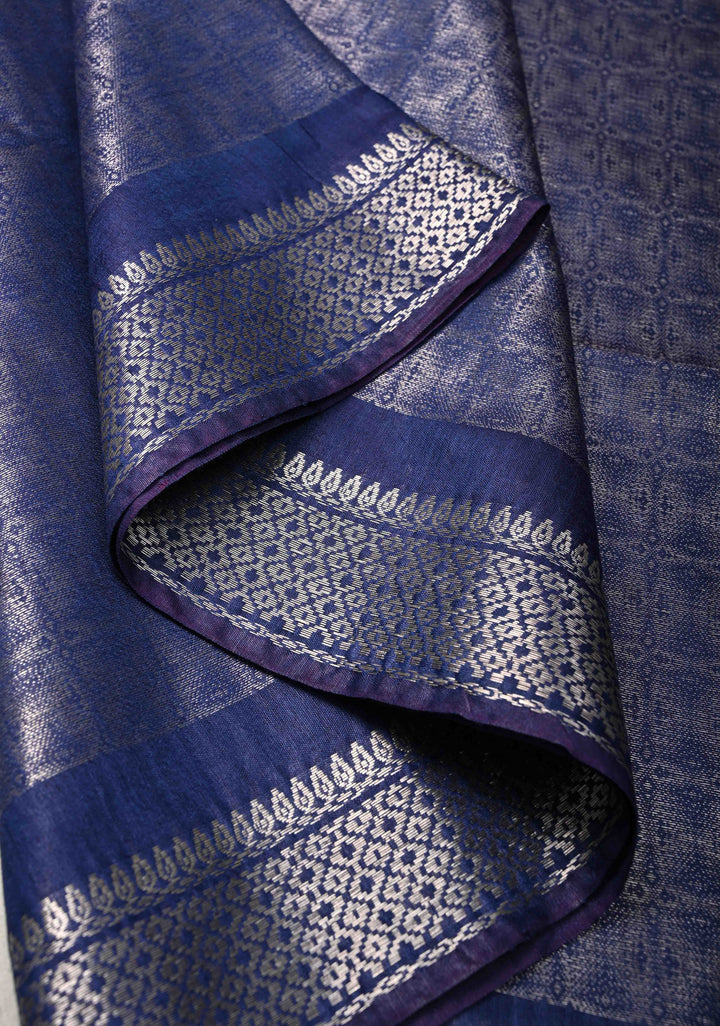 Navy Blue Semi Tussar Silver Tissue Silk Saree with Zari Border