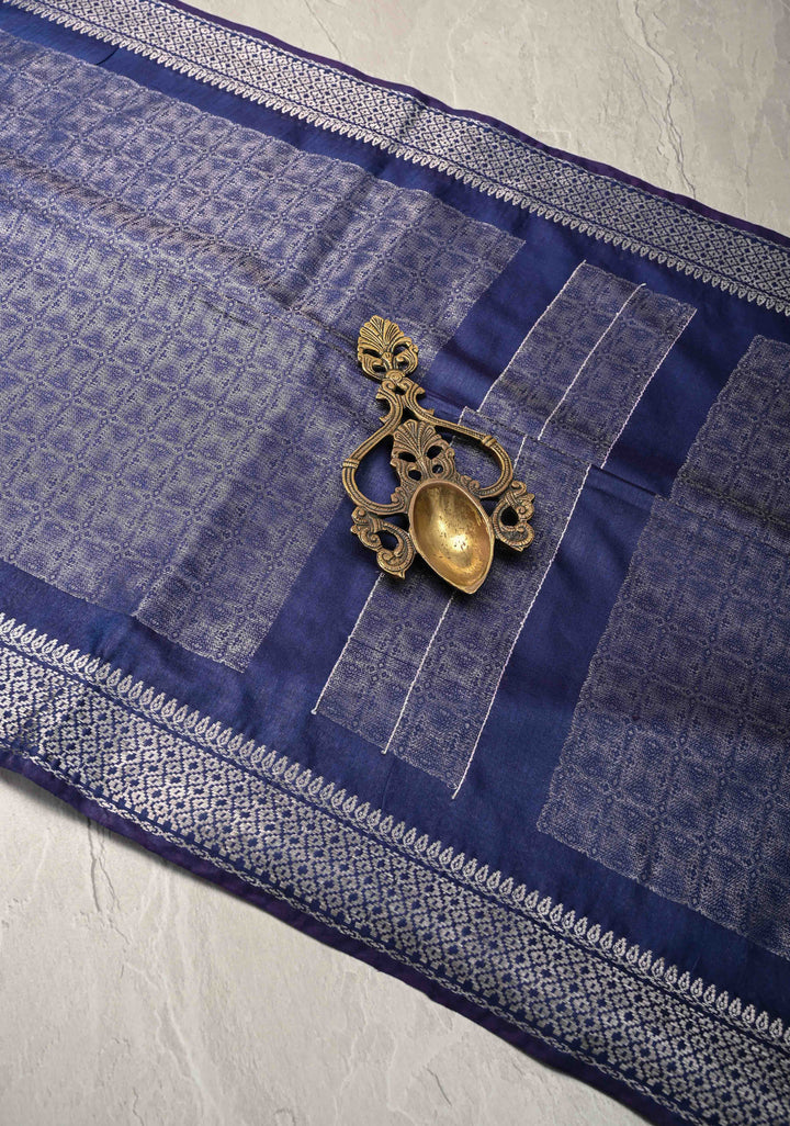 Navy Blue Semi Tussar Silver Tissue Silk Saree with Zari Border