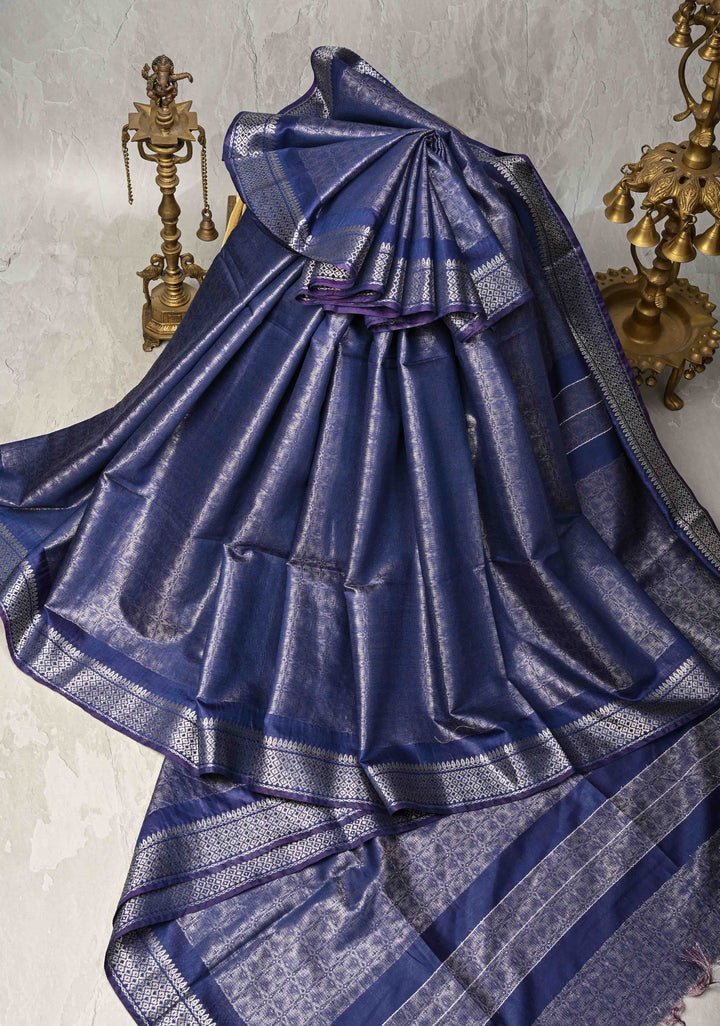 Navy Blue Semi Tussar Silver Tissue Silk Saree with Zari Border