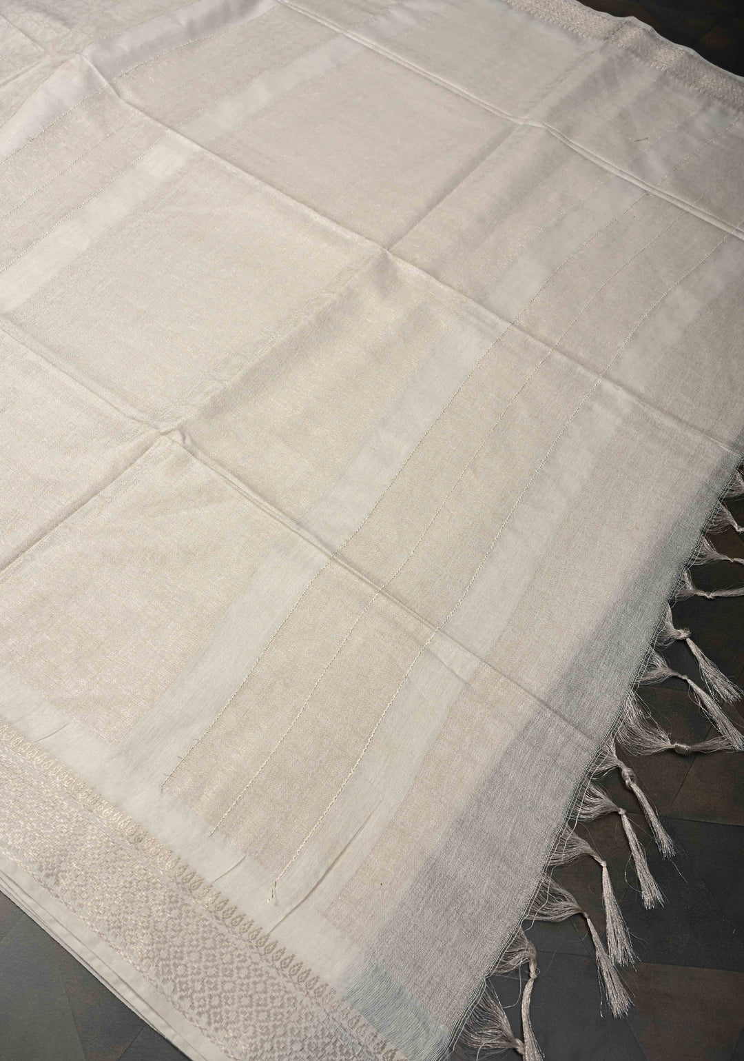 White Semi Tussar Tissue Silk Saree with Zari Border