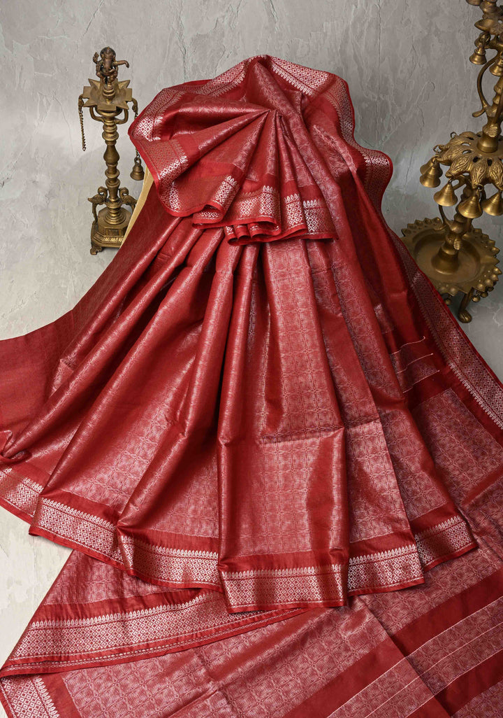Maroon Semi Tussar Tissue Silk Saree with Zari Border