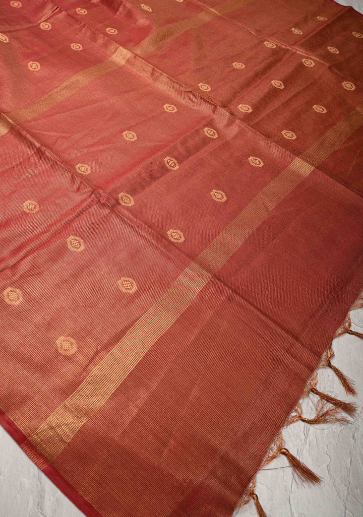 Brick Red Borderless Semi Tussar Tissue Silk Saree with Resham Buttas