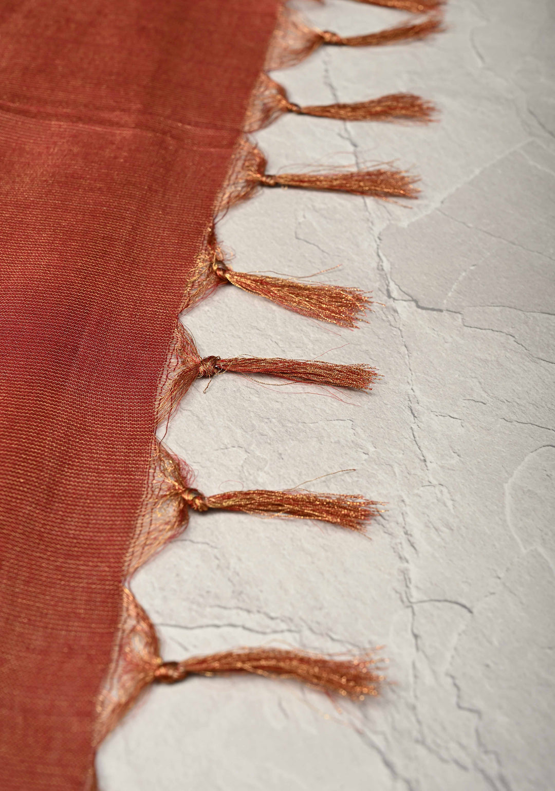 Brick Red Borderless Semi Tussar Tissue Silk Saree with Resham Buttas