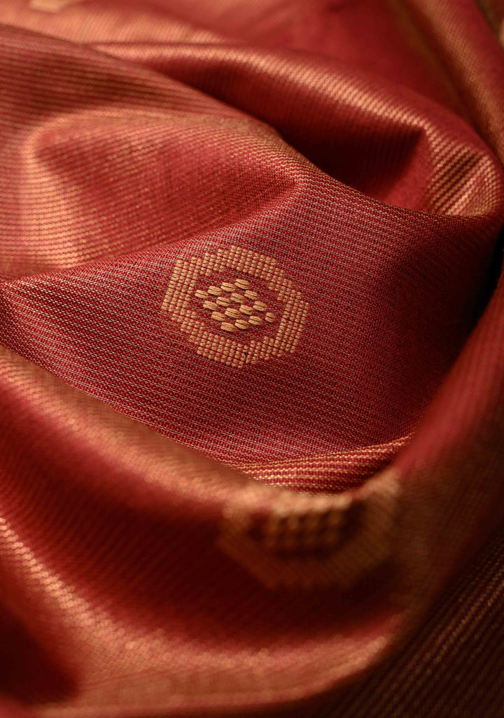 Brick Red Borderless Semi Tussar Tissue Silk Saree with Resham Buttas
