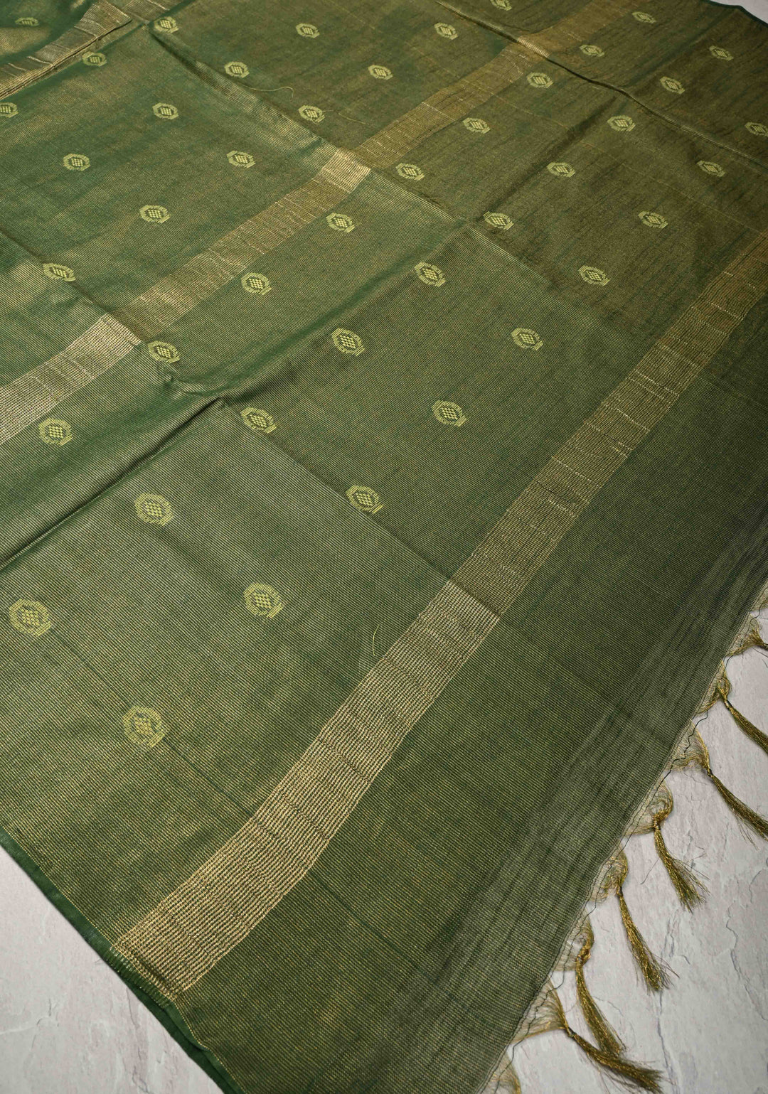 Bottle Green Borderless Semi Tussar Tissue Silk Saree with Resham Buttas