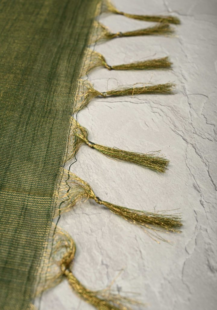 Bottle Green Borderless Semi Tussar Tissue Silk Saree with Resham Buttas