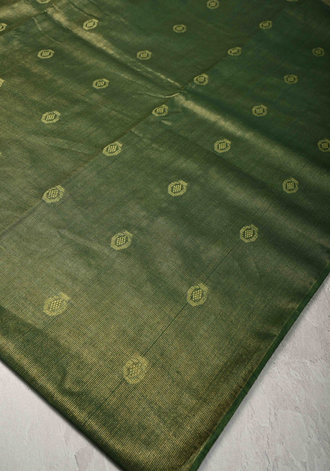 Bottle Green Borderless Semi Tussar Tissue Silk Saree with Resham Buttas