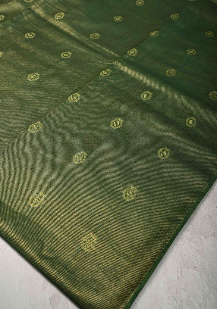 Bottle Green Borderless Semi Tussar Tissue Silk Saree with Resham Buttas