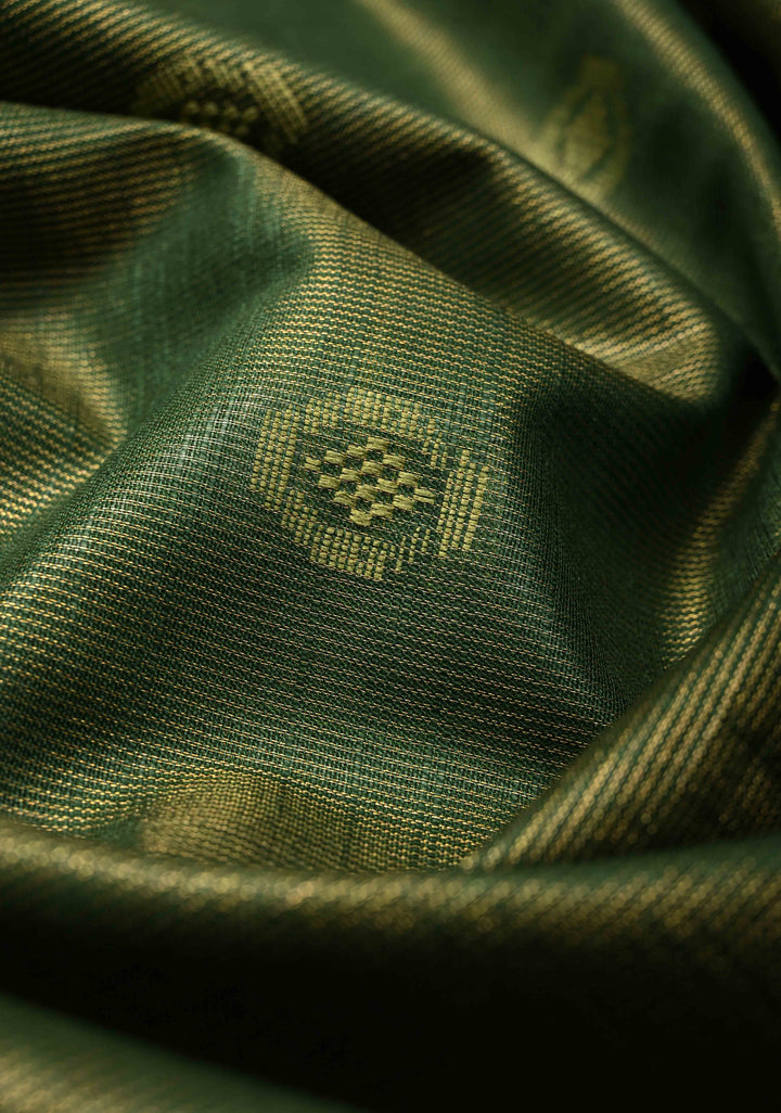 Bottle Green Borderless Semi Tussar Tissue Silk Saree with Resham Buttas