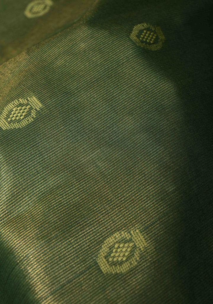 Bottle Green Borderless Semi Tussar Tissue Silk Saree with Resham Buttas