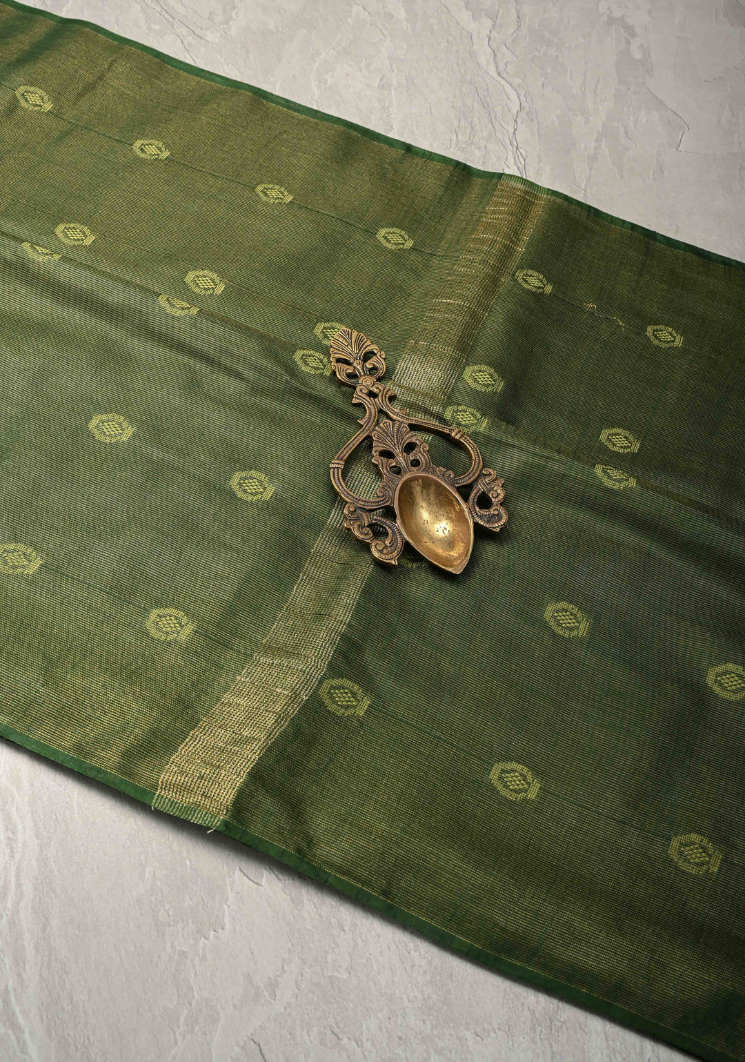 Bottle Green Borderless Semi Tussar Tissue Silk Saree with Resham Buttas