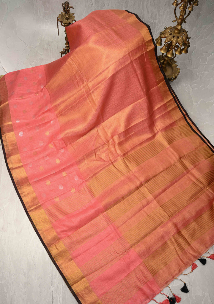 Salmon Pink Tissue Body Linen Saree in Muted Antique Gold with Sona Rupa Polka Dots Skirt Border