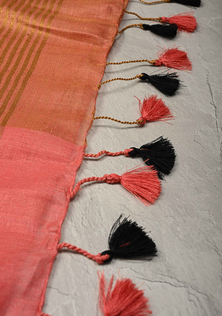 Salmon Pink Tissue Body Linen Saree in Muted Antique Gold with Sona Rupa Polka Dots Skirt Border