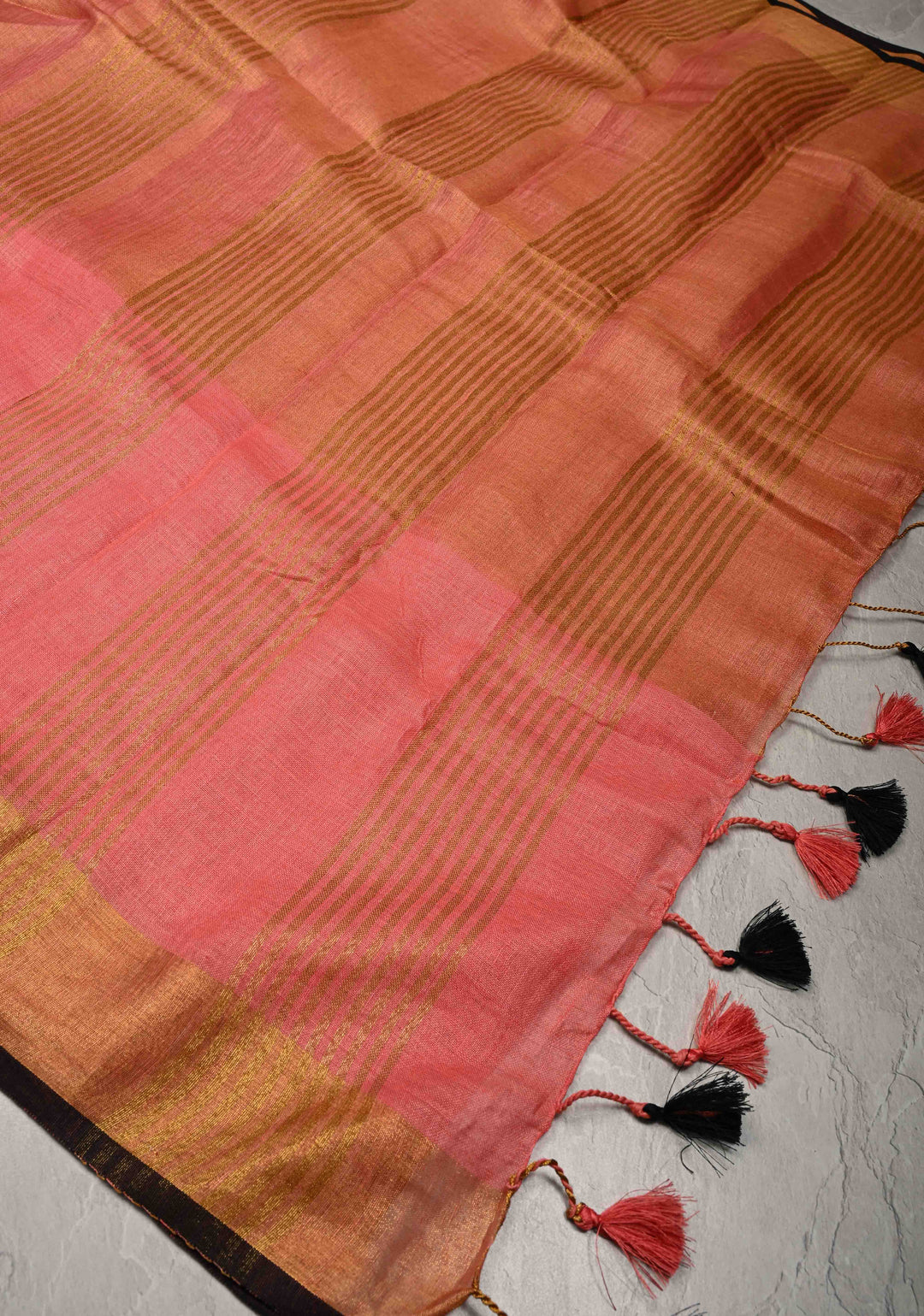 Salmon Pink Tissue Body Linen Saree in Muted Antique Gold with Sona Rupa Polka Dots Skirt Border