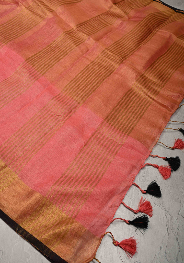 Salmon Pink Tissue Body Linen Saree in Muted Antique Gold with Sona Rupa Polka Dots Skirt Border