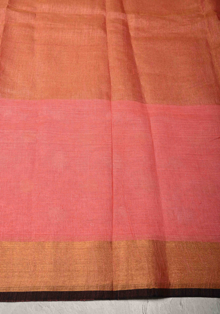 Salmon Pink Tissue Body Linen Saree in Muted Antique Gold with Sona Rupa Polka Dots Skirt Border