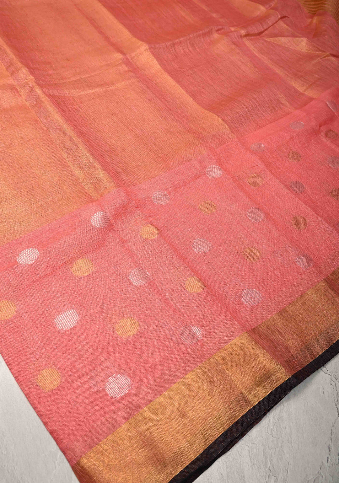 Salmon Pink Tissue Body Linen Saree in Muted Antique Gold with Sona Rupa Polka Dots Skirt Border